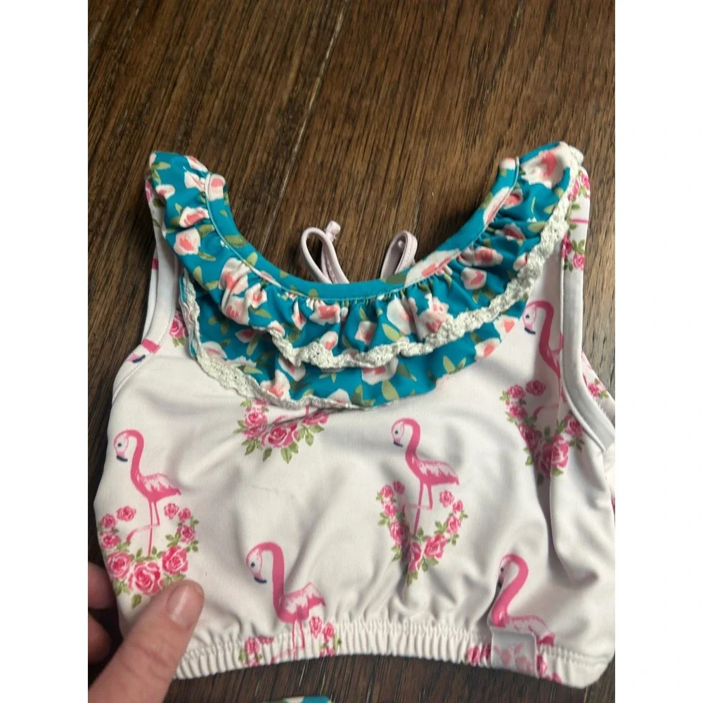 SweetHoney Girls Flamingo Floral Ruffle Swimsuit Set - Size 5Y - Adorable!